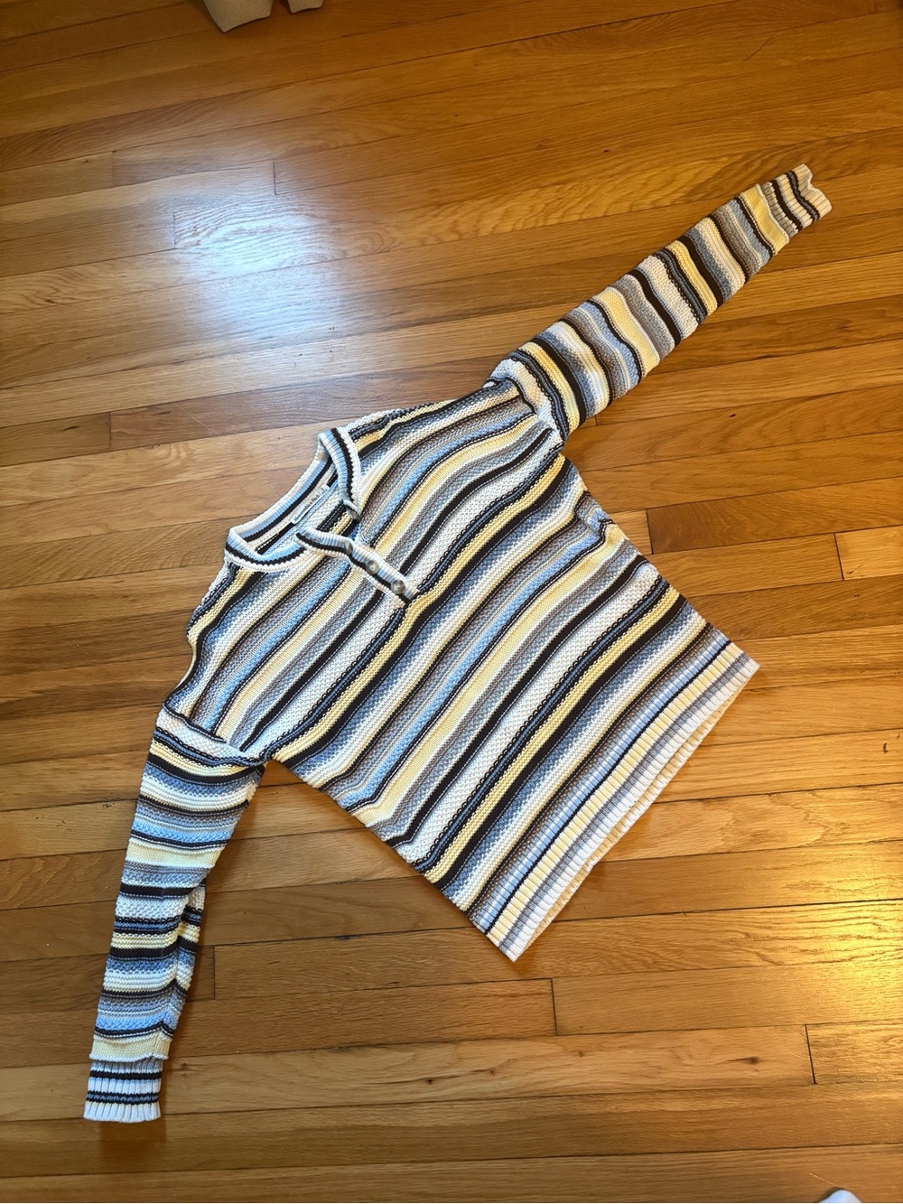 Striped Knit Pullover Sweater in Cream, Navy & Yellow